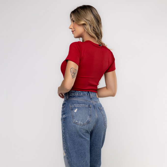 Blusa Canelada Manga Curta Vermelho