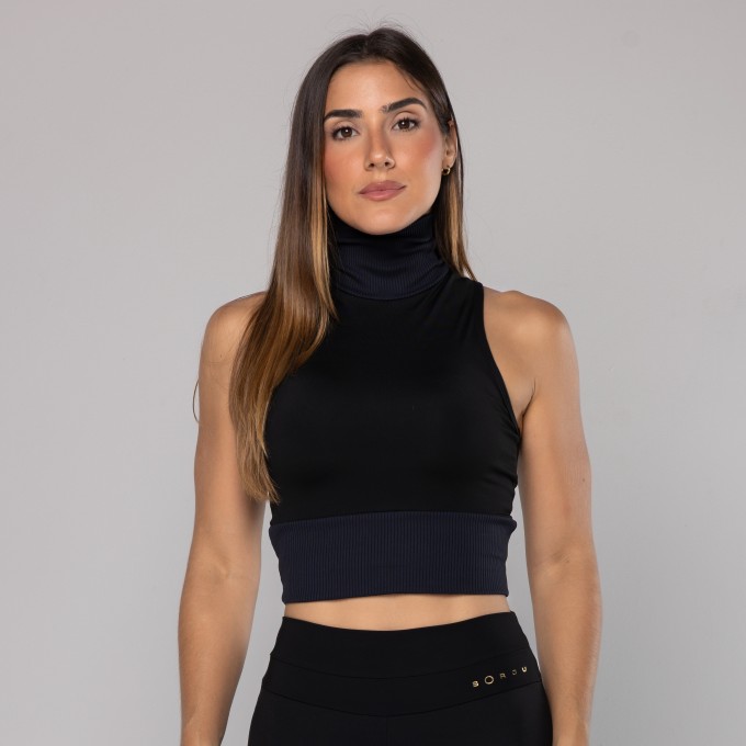 Top Cropped Gola Alta Rib Preto
