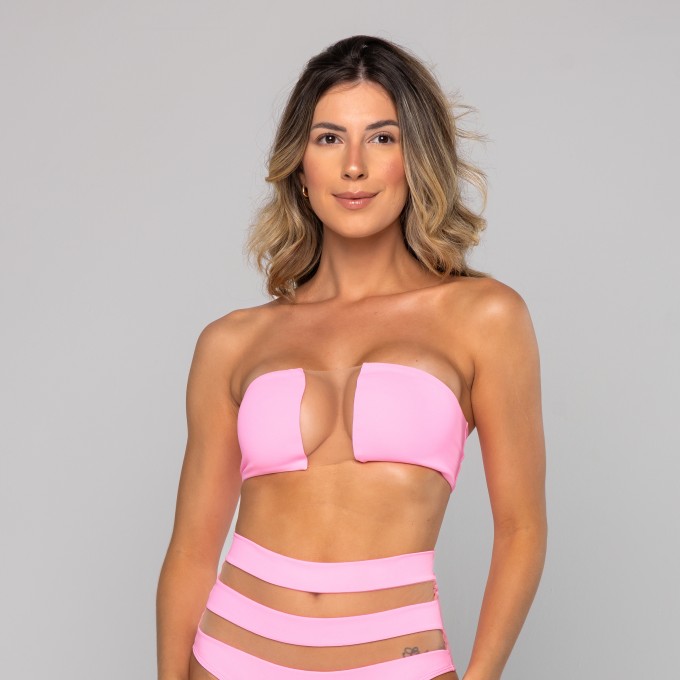 Top Amarração Tomara Que Caia Tule Rosa Claro